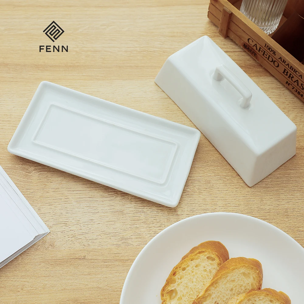 FENN Popular Modern Rectangle Shape White color Butter Sugar Flour Dish Container Custom Ceramic Butter Dish Modern With Lid