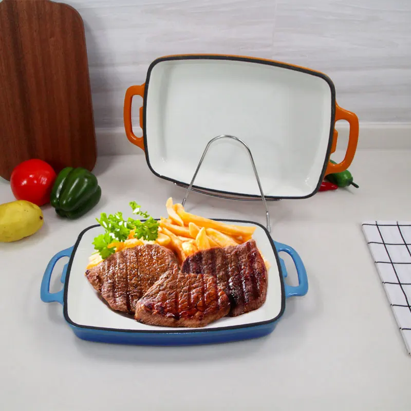 Rectangle Cast Iron Roaster Casserole Dish Roasting Pan Bakeware Baking