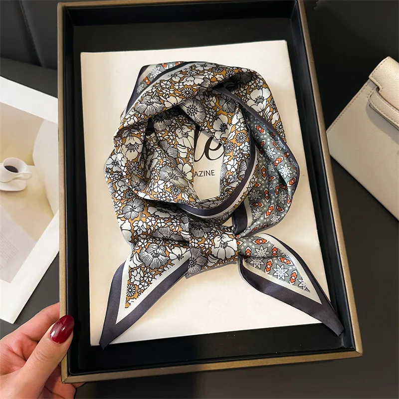 Fashion Office Lady Flower Printed Skinny Satin Silk Ribbon Scarf