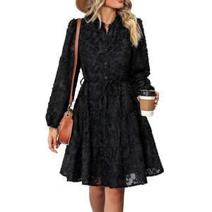 Autumn's new women's casual dress, long-sleeved jacquard dress, see-through A-line tie skirt, shirt-style cardigan office