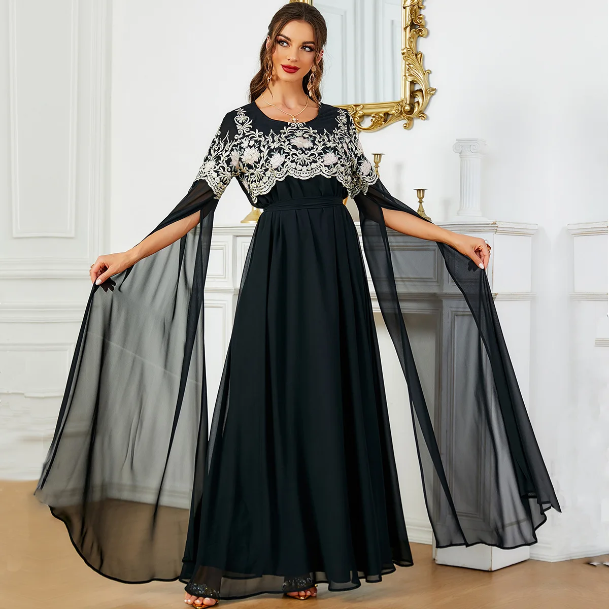 Eid Flying Sleeve Muslim Party Dress Women Embroidery Lace Jalabiya Abaya  Ramadan Long Dresses Abayas Robe Caftan