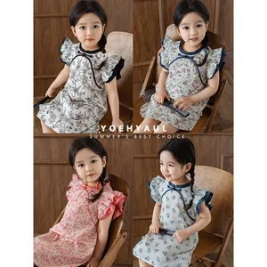 YOEHYAUL X4353 Qipao Summer Sleeveless Kids Cotton Dresses for Girls Pink Dress Kid Sale for Girl Dress