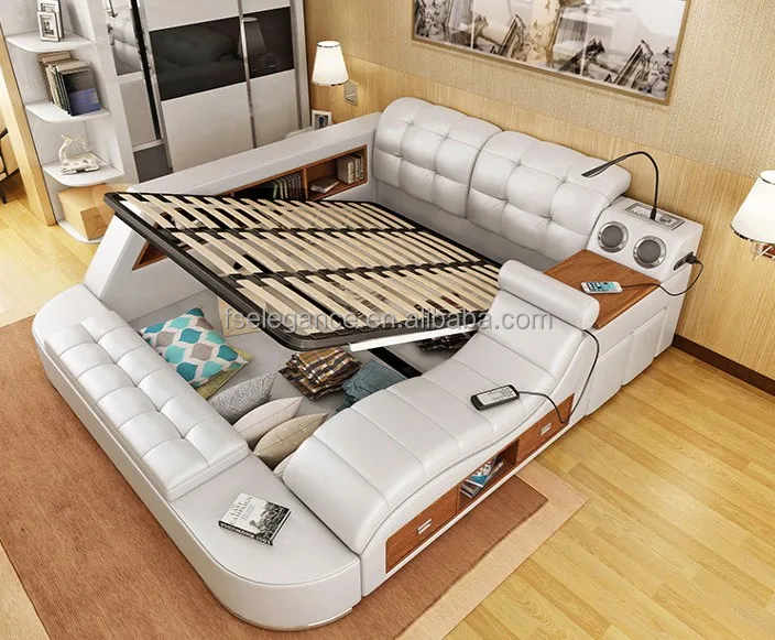 Luxury modern bedroom furniture storage multifunctional leather fabric message tatami king size wood beds