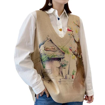Women's Vest Sweater Four Seasons Daily Wear Picture Printed Trendy Casual Loose V-Neck Sleeveless Knit Pullover Top