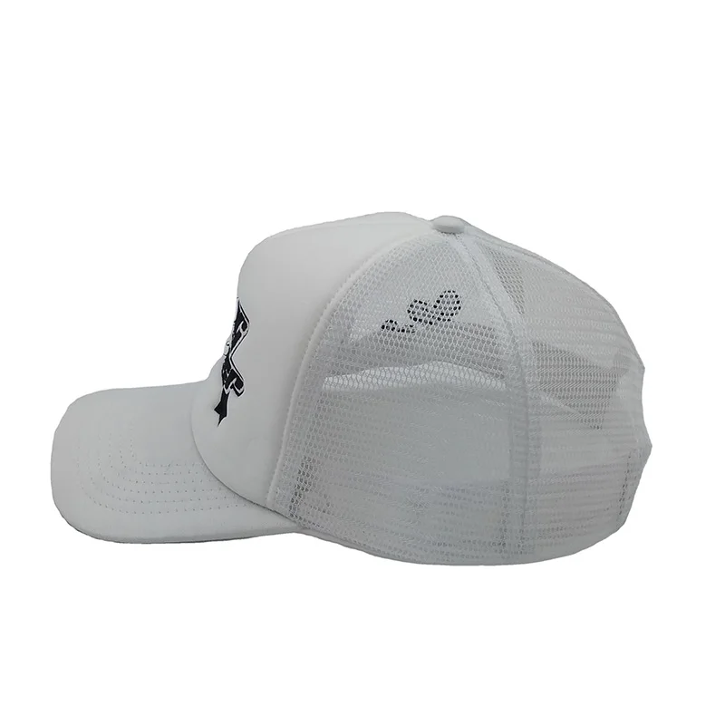 Plain Solid Color City Cap Custom  logo Raised  Embroidery  Snapback Hat Foam White Trucker Hat With Nylon Mesh