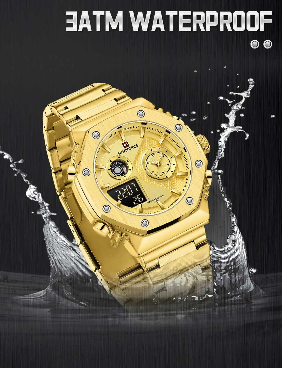 NAVIFORCE 9216S Multifunction Men LED Digital Gold Watch Sport with LED display Digital wristwatch Japan Quartz Watch Factory
