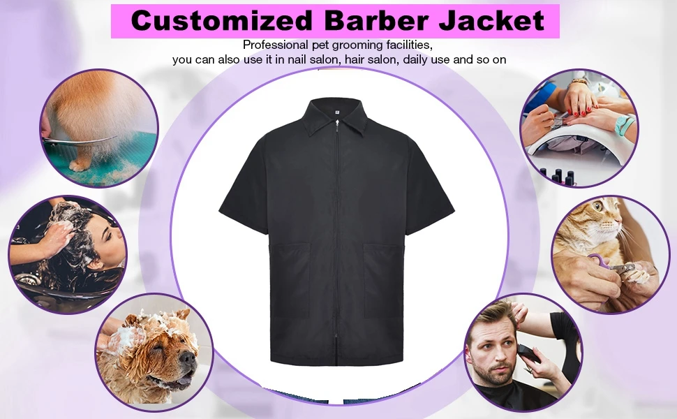 Vinnie 2024 Men's Black Hair Repellent Zipper Closed Barber Jacket For ...
