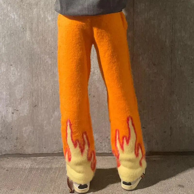Custom Logo New Solid Color Mohair Trousers Winter Warm Knitted Drawstring Sweatpants Fuzzy Flared Pants for Men gallery 4