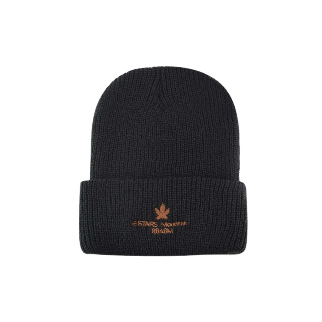 Maple Leaf 3D Embroidery Slouch Cuffed Ribbed Knitted Acrylic Beanies Thickened Elastic Warm Hats