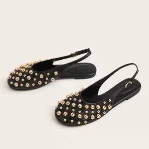 BUSY GIRL CXX230 Round Toe Cap Toe Gold Rivet Eyelet Buckle Shoes New Style Hot Style Back Hollow Single Buckle Flat Sandals