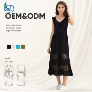 2026 Summer Retro Women's Casual Long Dress V-neck Sleeveless Ruffle Natural Waist Lace Washable Solid Color Pattern