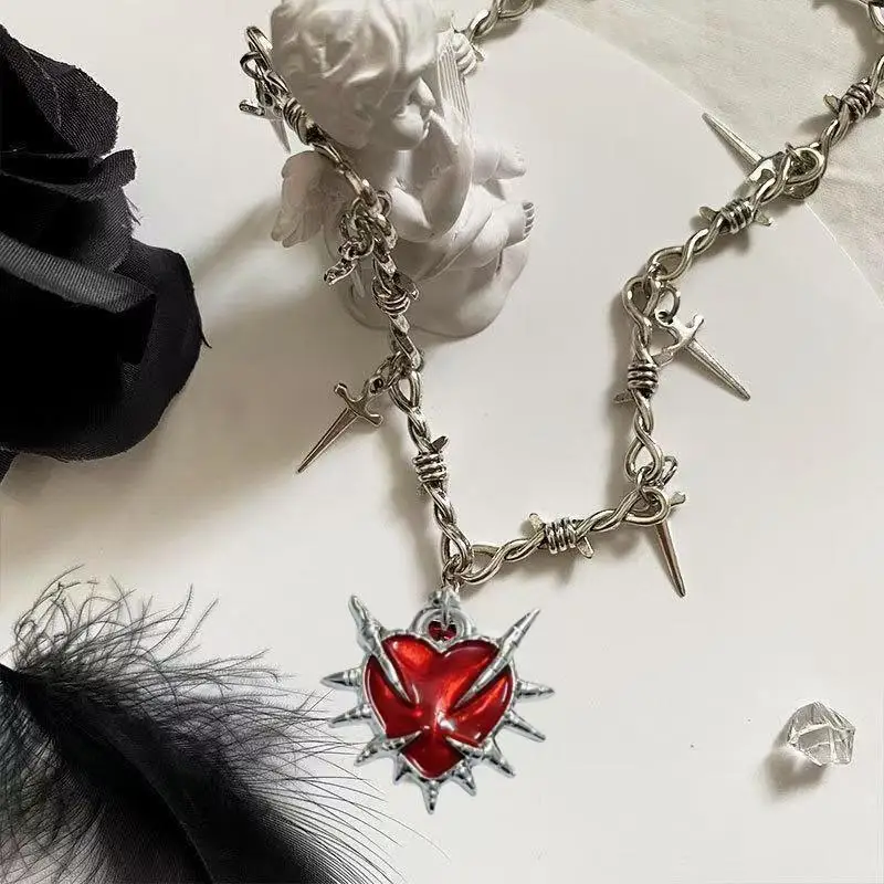 CLBX Gothic Y2K Subculture Red Heart Thorns Pendant Necklace