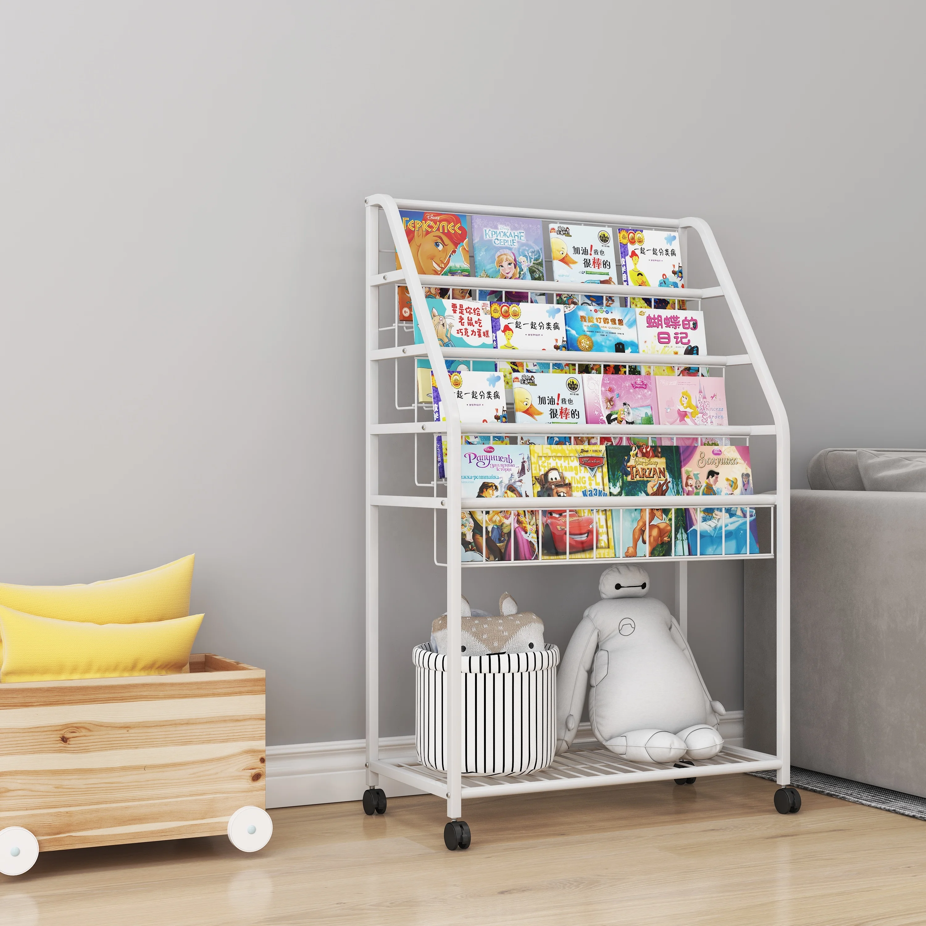 Modern Vintage Steel Frame Display Bookcase Metal Book Shelf Kids Storage Book Rack Shelves Children Toy Storage Rolling Cart