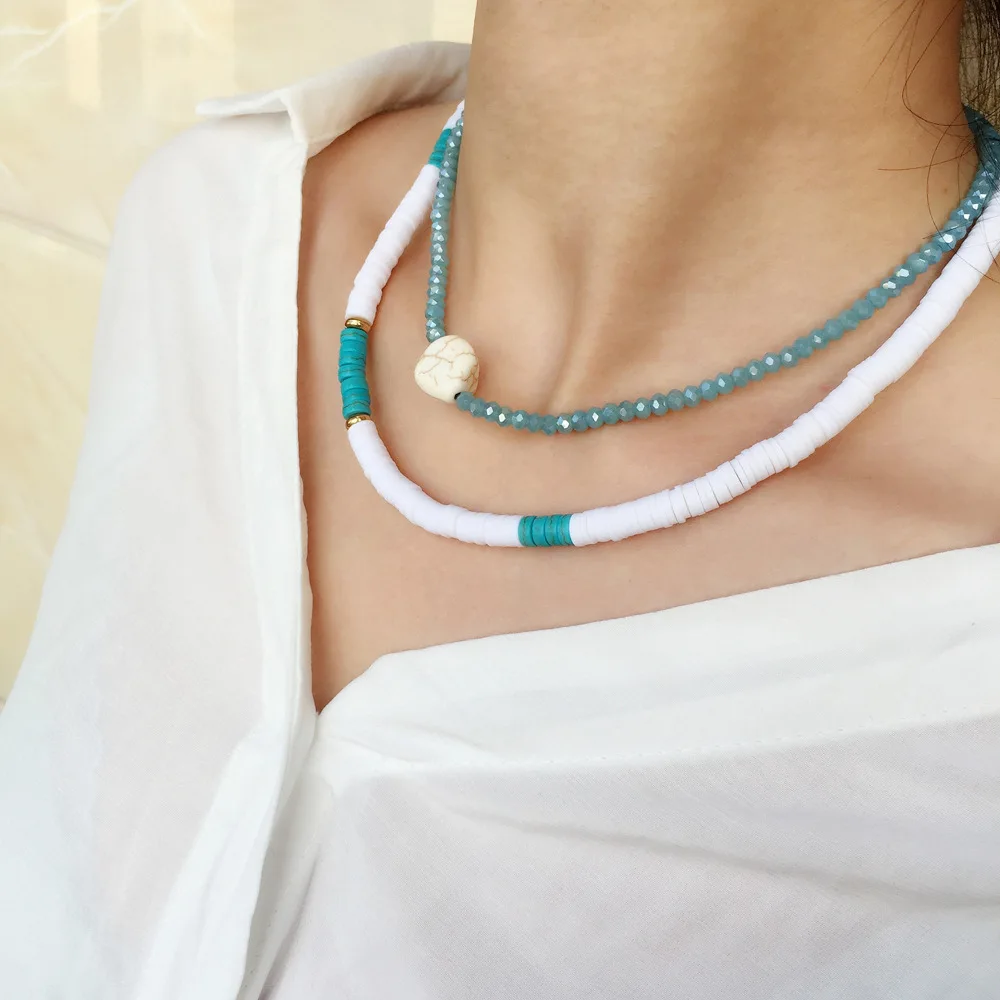 Bohemian Style 10 Kinds Star Shell Pearl Turquoise Charm Faceted Crystal Beads Choker Necklace Set for Women Girls