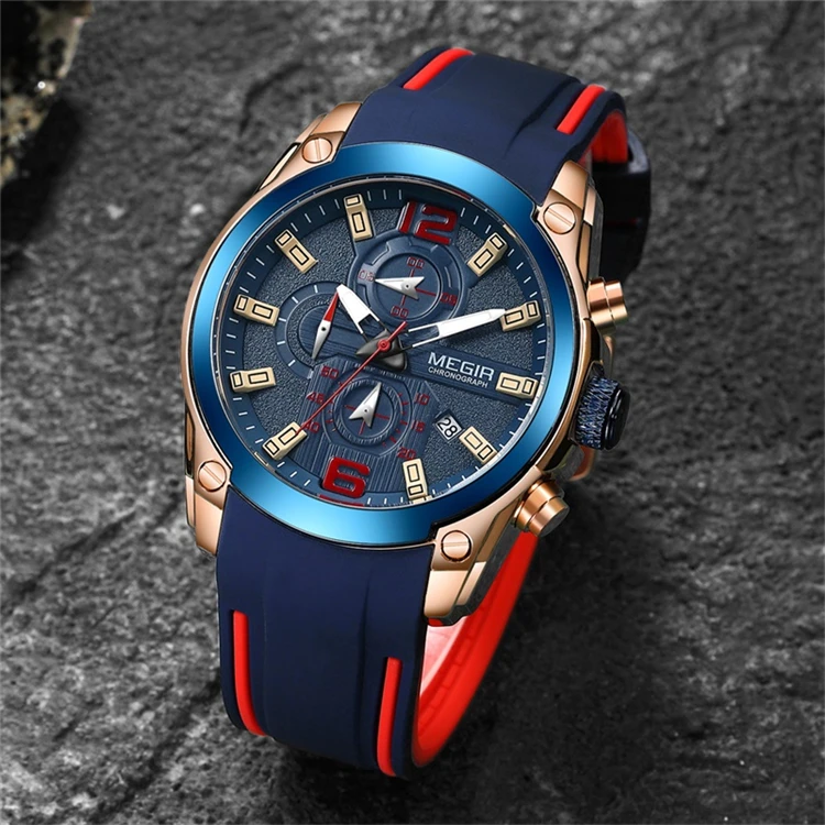 MEGIR 2063 New Mens Quartz Analogue Chronograph Watches Sport sport Silicone Date Indicator Wrist watch 2021 Alibaba