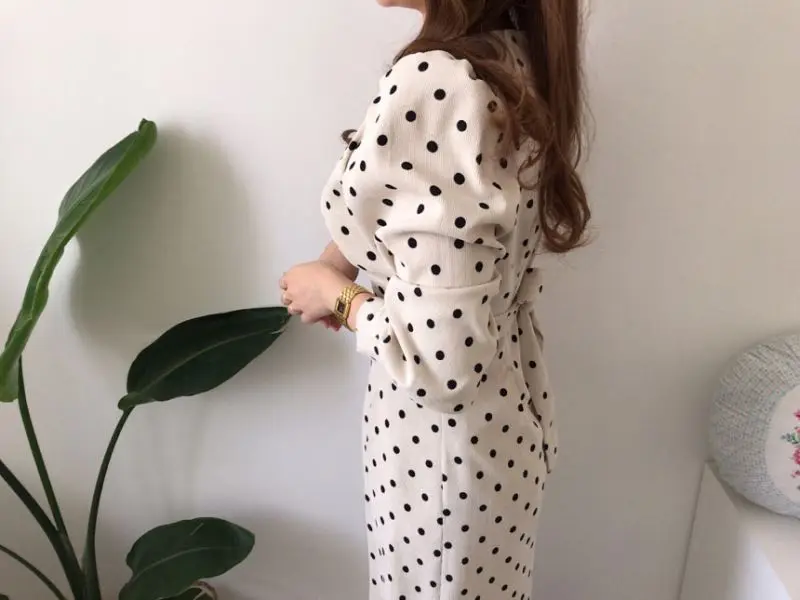 Vintage French Style Spring Autumn Women Casual Polka Dot Print A-Line  Party Corduroy Dresses Elegant Lace-Up Slim Fashion Vintage Polka Dot Print A-line Party Dress For Women - Eco-friendly Odm