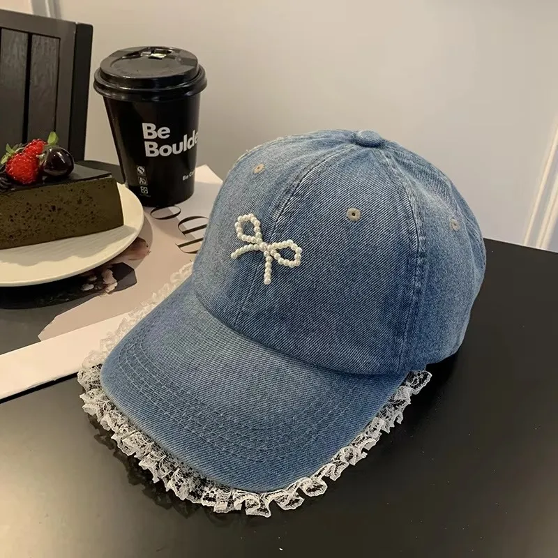 2025 Summer Denim Baseball Hats with Lace Pearl Bow Jean Snapback