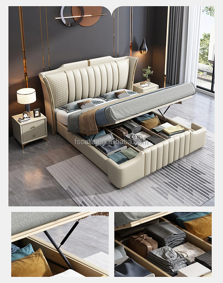 Latest Modern Simple Luxury Leather Bed Sets Furniture Bedroom Solid