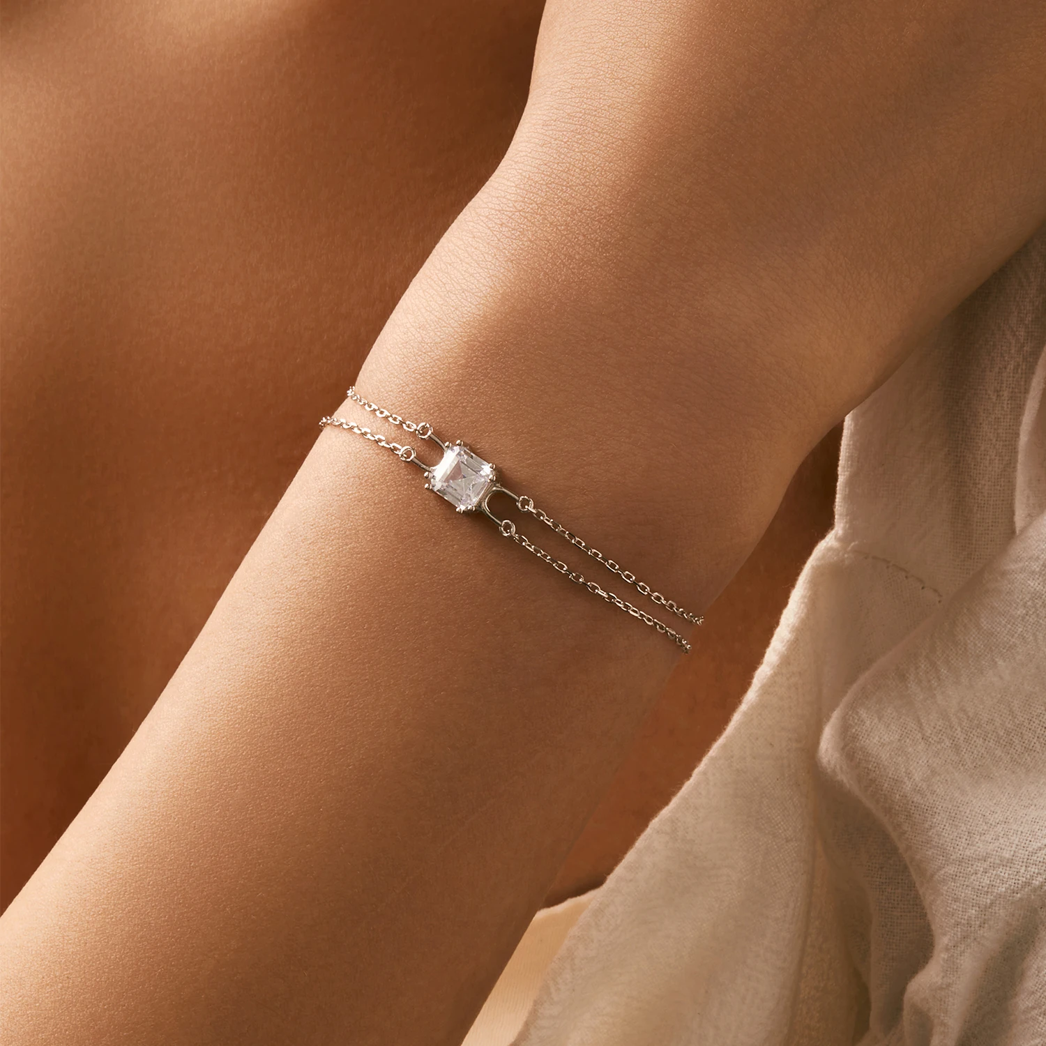 925 Sterling Silver Double Layer Link Chain Bracelet Shiny Square 