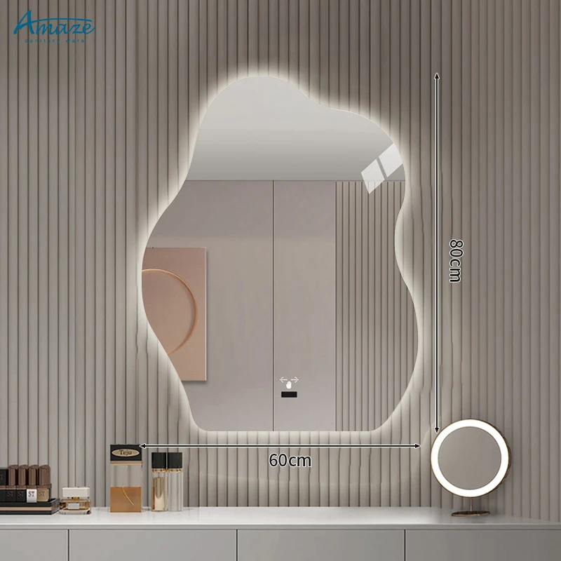 High quality modern irregularity led mirror wall mounted touch switch screen bathroom smart makeup led light mirror supplier