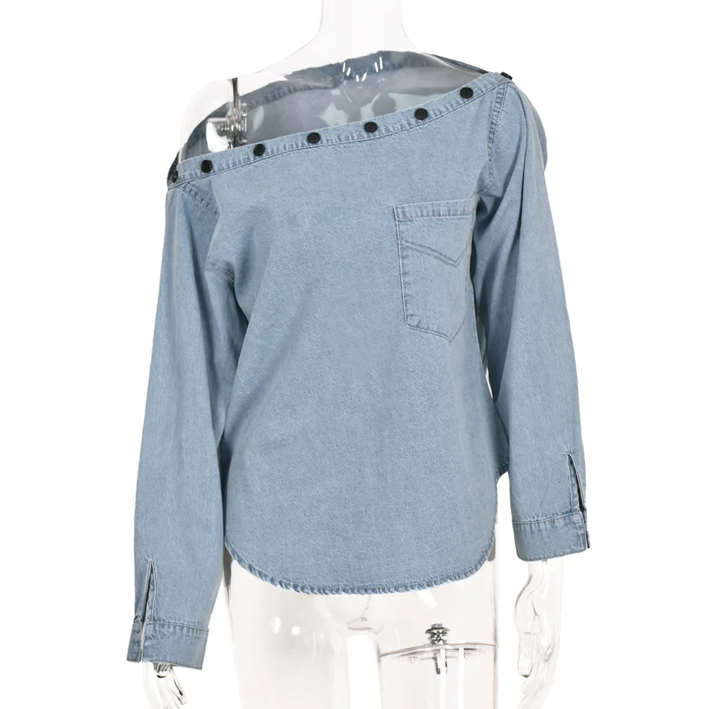 Blusa De Manga Larga Para Primavera Y Verano,Camisa Para Mujer - Buy De  Moda De Las Mujeres Sueltas Nuevo Diagonal Collar Top Blusa Denim Color  Blusa De Manga Larga,Hombro Botón Blusa Elegante