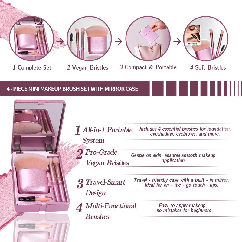 Wholesale Cosmetic Tool Set Travel Portable 4 Piece Makeup Brush Set with HD Mirror Box supplier