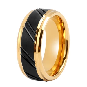 Tizti Custom Laser Engraving Mens Gold Edges Black Tungsten Ring Middle Brushed Groove Male Ring Matte Wedding Band Ring Band