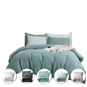 100% Stonewashed French Flax Comforter Cover Set Coconut Button Closure 4 Piece Linen Duvet Cover