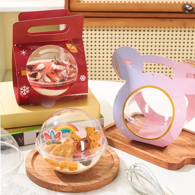 Small Round Christmas Mousse Packing Box Clear Plastic Bowl for Coconut Jelly Ball Cake Box with Kraft and Cardboard Materials