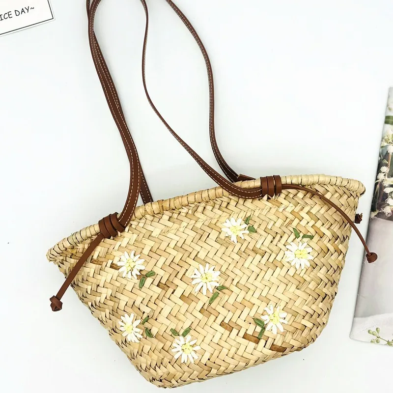 New Women’s Embroidered Floral Handmade Straw Woven String Closure Shoulder Beach Bag Two Straps Middle Size Summer 2025