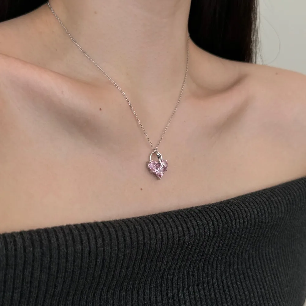 KAKODIY Cute New Design Women's Dress Up Jewelry 925 Sterling Silver Chain Pink 2ct 5A Cubic Zirconia Heart Shape Key Pendant Necklace Jewelry detail 2
