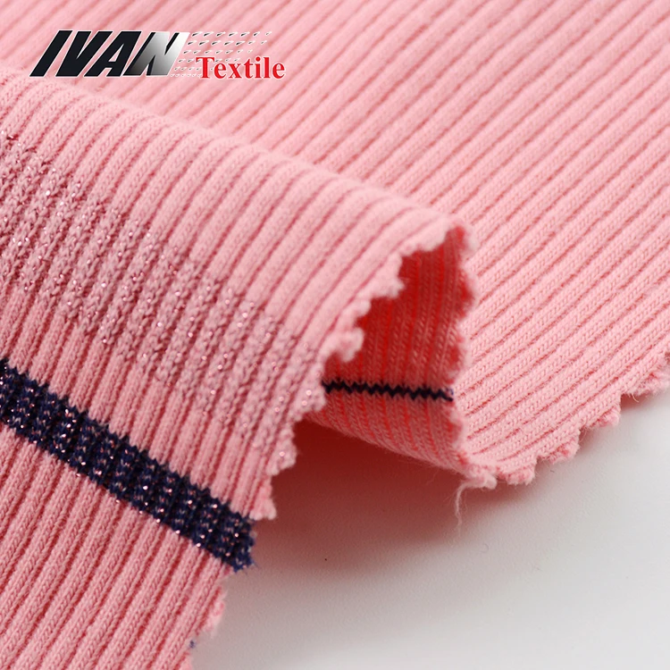 Пряжа окрашенная 26S полоса вязать CVC двойной трикотаж 2x2 ребристая эластичная ткань с люрексом