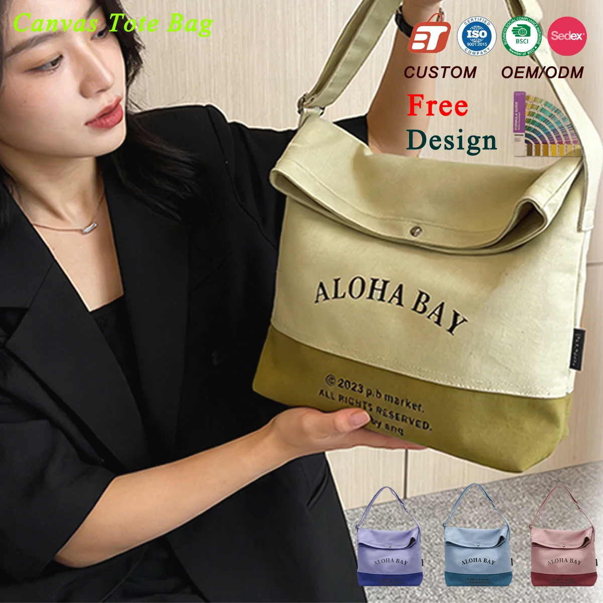 Cotton Tote Bag Women's Large Capacity Eco-friendly Letter Rope Handle Zipper Closure Heavy, Custom Logo & OEM/ODM Welcome