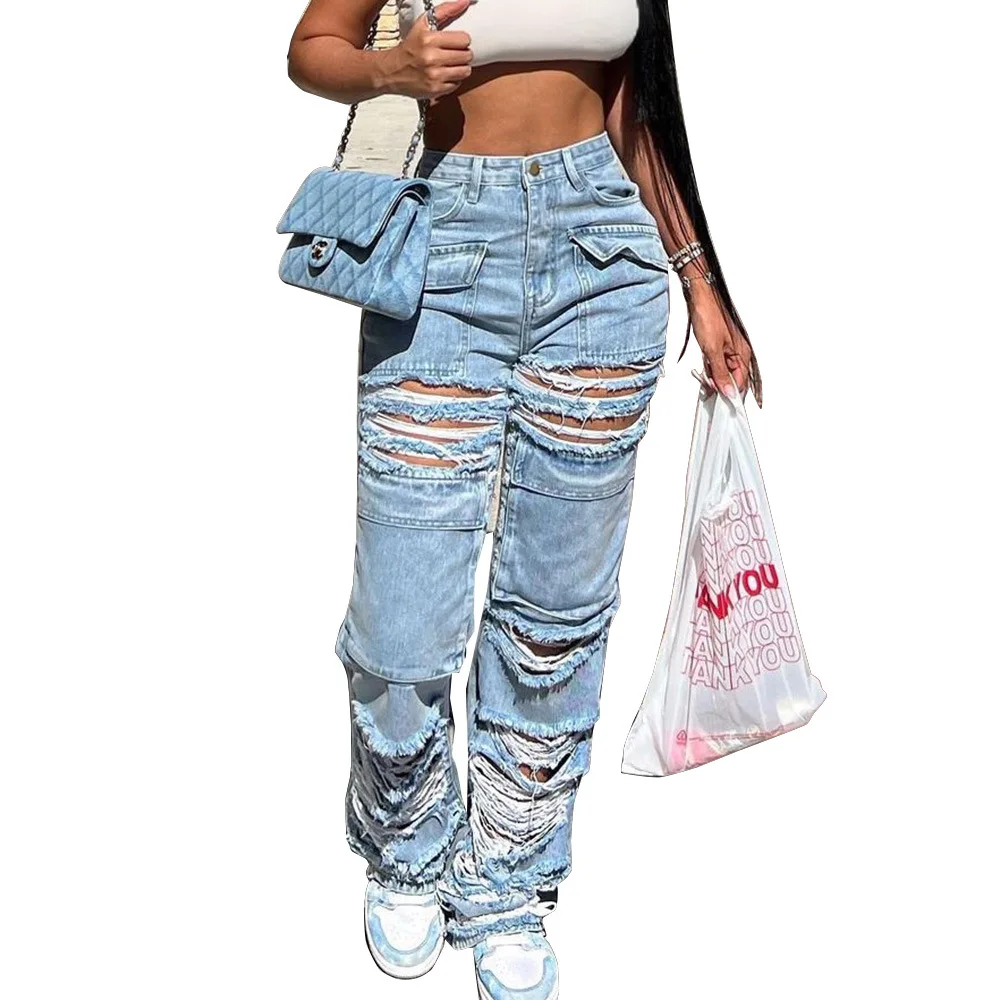Fashion Pocket Stitching Hollowed-Out Hole Beggar Style Street Casual Straight High Waist Jeans
