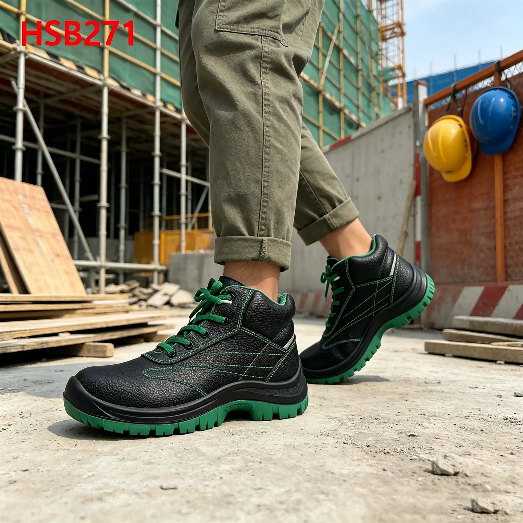 ZYF,Machine Building Anti-scratch Natural Embossed Leather Safety Shoes Nail Proof Green Outsole Security Work Boots HSB271