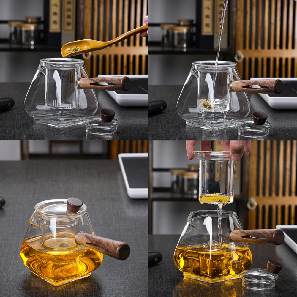 Modern Design Glass Cooking Teapot Gongfu Tea Maker with Wooden Handle ...
