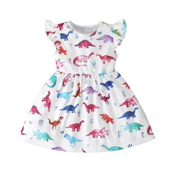 Dinosaur Print Girls Summer Dress Cotton Animal Applique Baby Kids Short Sleeve Dresses Little Girl Clothes Boutique