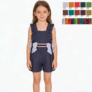 Wholesale 2026 Summer Striped Bows Elasticated Waist Ruffle Sleeves Denim Shorts Overall for Kids