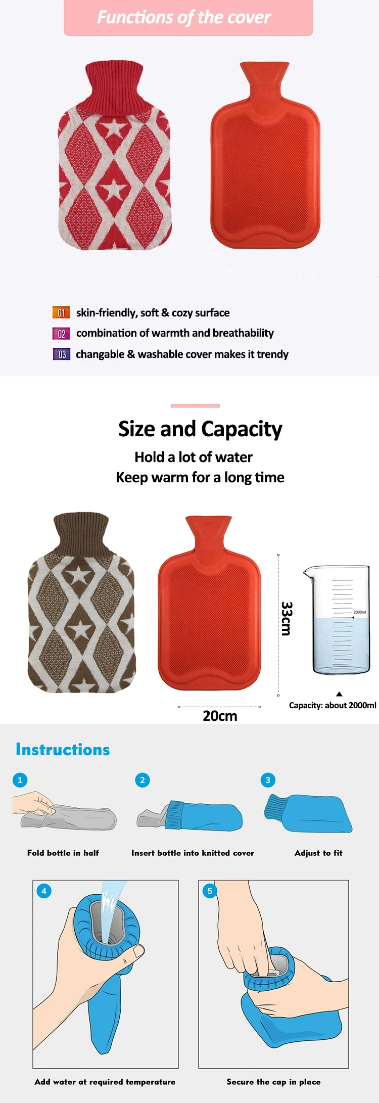 custom logo durable water-filling heating rubber hot and cold water bottle bag cover knitted for sample