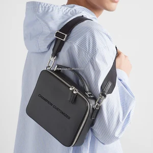 Custom Logo Black Zip Square Saffiano Leather Men's Crossbody Messenger Sling Bag Shoulder Pack with Logo for Men