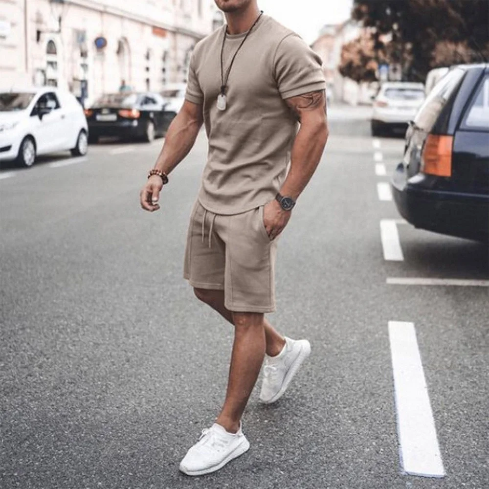 Été nouveaux hommes Shorts ensembles à manches courtes t-shirt + Shorts solide mâle survêtement ensemble vêtements pour hommes 2 pièces ensembles Male818_voghion.com