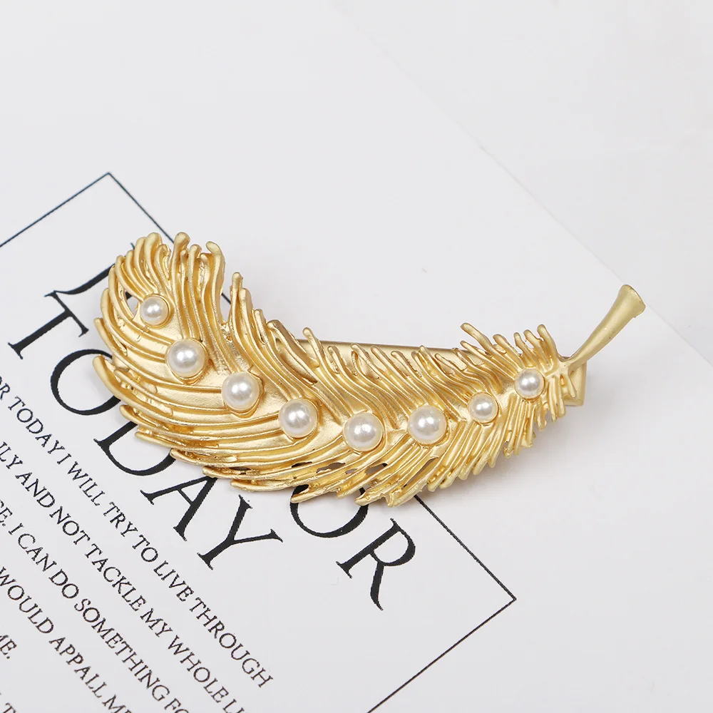 Классические винтажные ажурные зажимы типа крокодил с жемчугом женские золотые металлические перьями и ракушками для резьбы заколки волос девочек