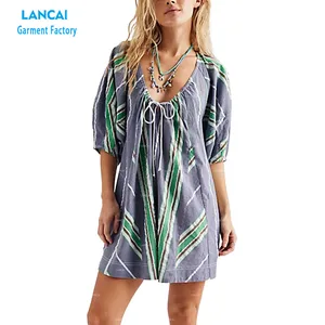 OEM Custom Women Shapeless Relaxed Fit Romper Cotton Striped Print Scoop Neckline Puffy 3/4 Sleeve  Casual Style for Summer