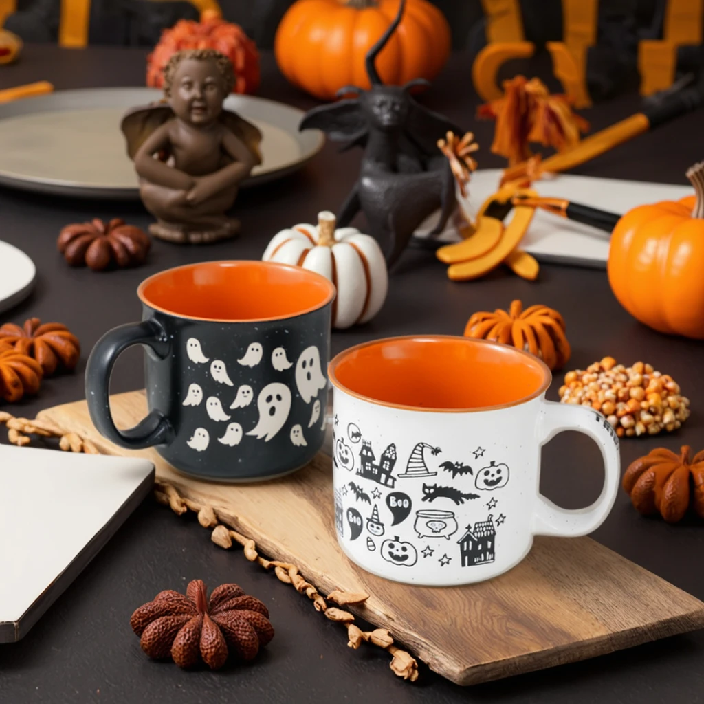 ODM Eco-Friendly Ceramic Water Cups with Handgrip Pattern Customizable Holiday Coffee Halloween Water Bottles Handmade Design