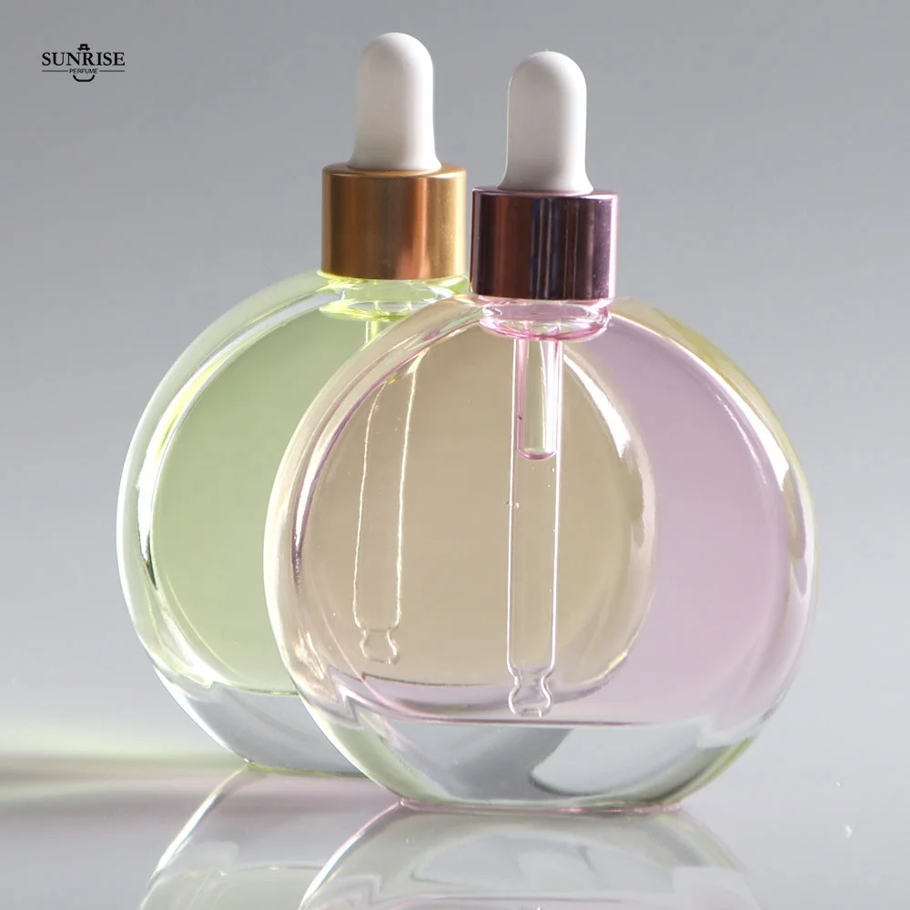 1000pcs Custom Design Offered 2OZ 50ml 60ml Flat Round Shape Glass  Essential Oil Bottle Serum Bottle with Dropper Box
