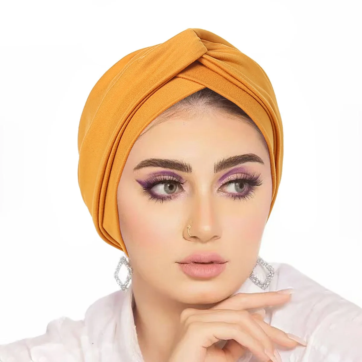 European American Pure Color Pullover Hat Cross Bottoming Baotou Turban Cotton Forehead Pleated Indian Hat for Muslims