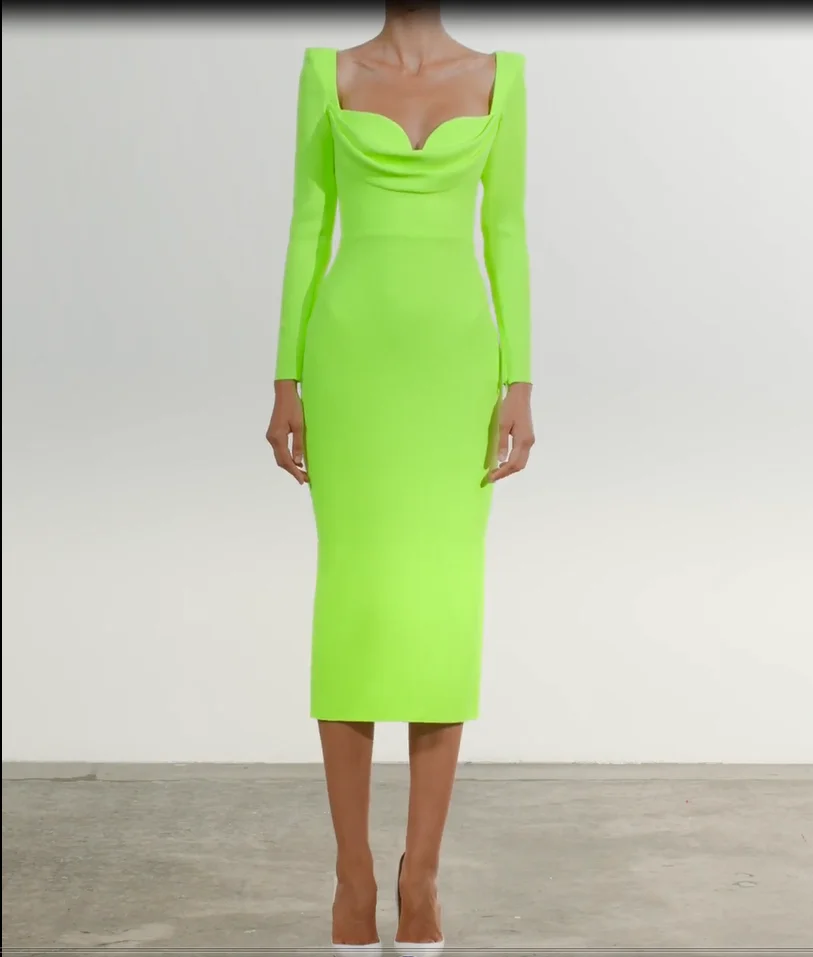 2022 Draped Lime Fluorescent Green Long Sleeve Bandage Dress Bodycon Women  Midi Square Collar Plain Sexy Party Evening Dress