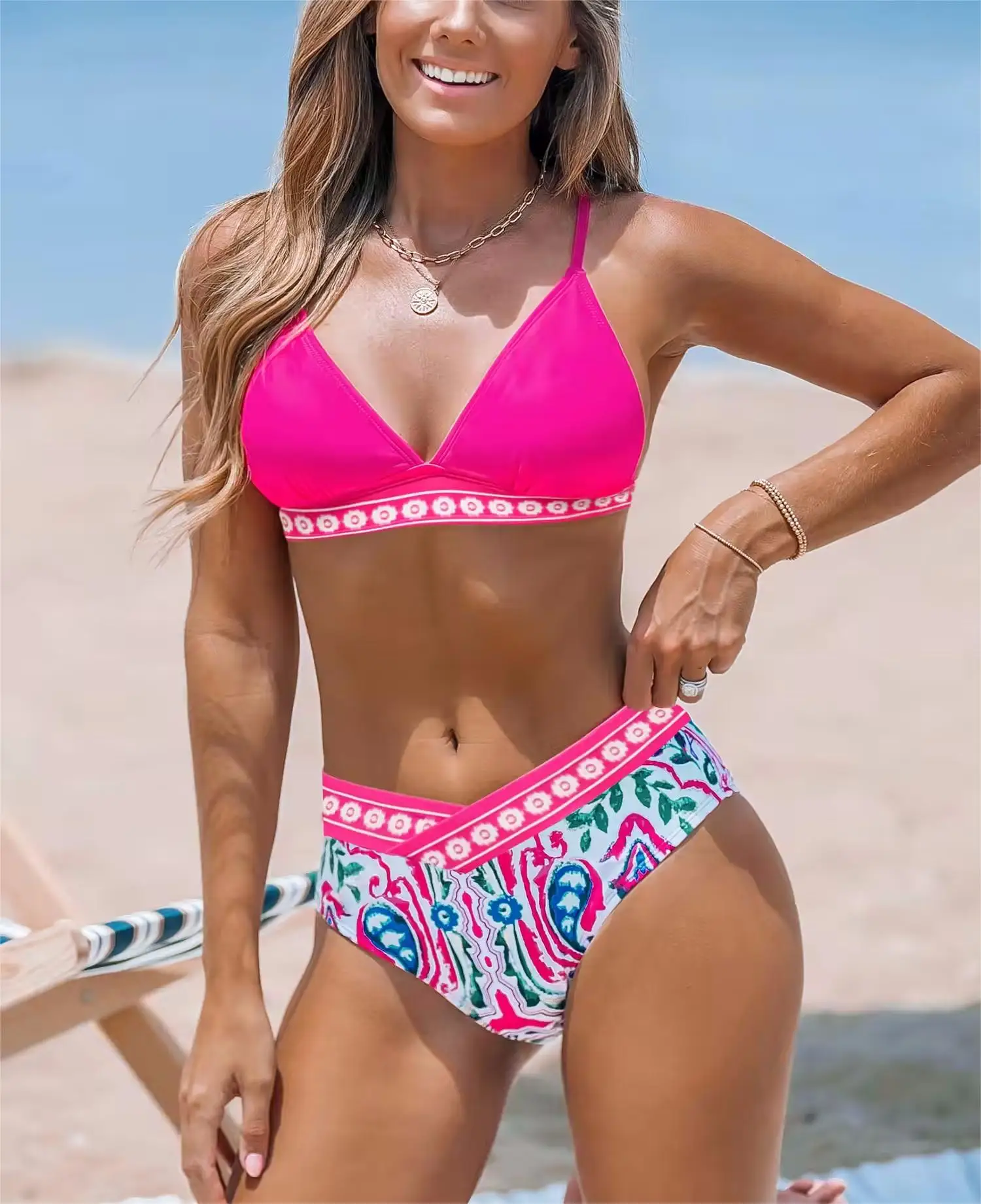 Popular Swimsuits Custom Swimsuit With Logo Pink Plunging Bikini Top & Standard Boho Bottoms Set Swimwear Beachwear Swim Suits