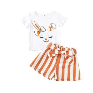 OEM Customized Girls Clothing Sets Summer Cartoon Rabbit Printed Striped Pants T-shirts Kids Clothing Sets