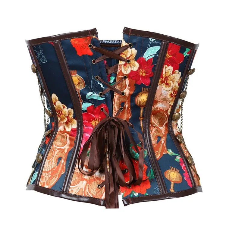 Colorful Corset Style Bodysuit Fashionable Printing Gathering Bustier Corset Classic Steampunk Gothic Brown Leather Corset